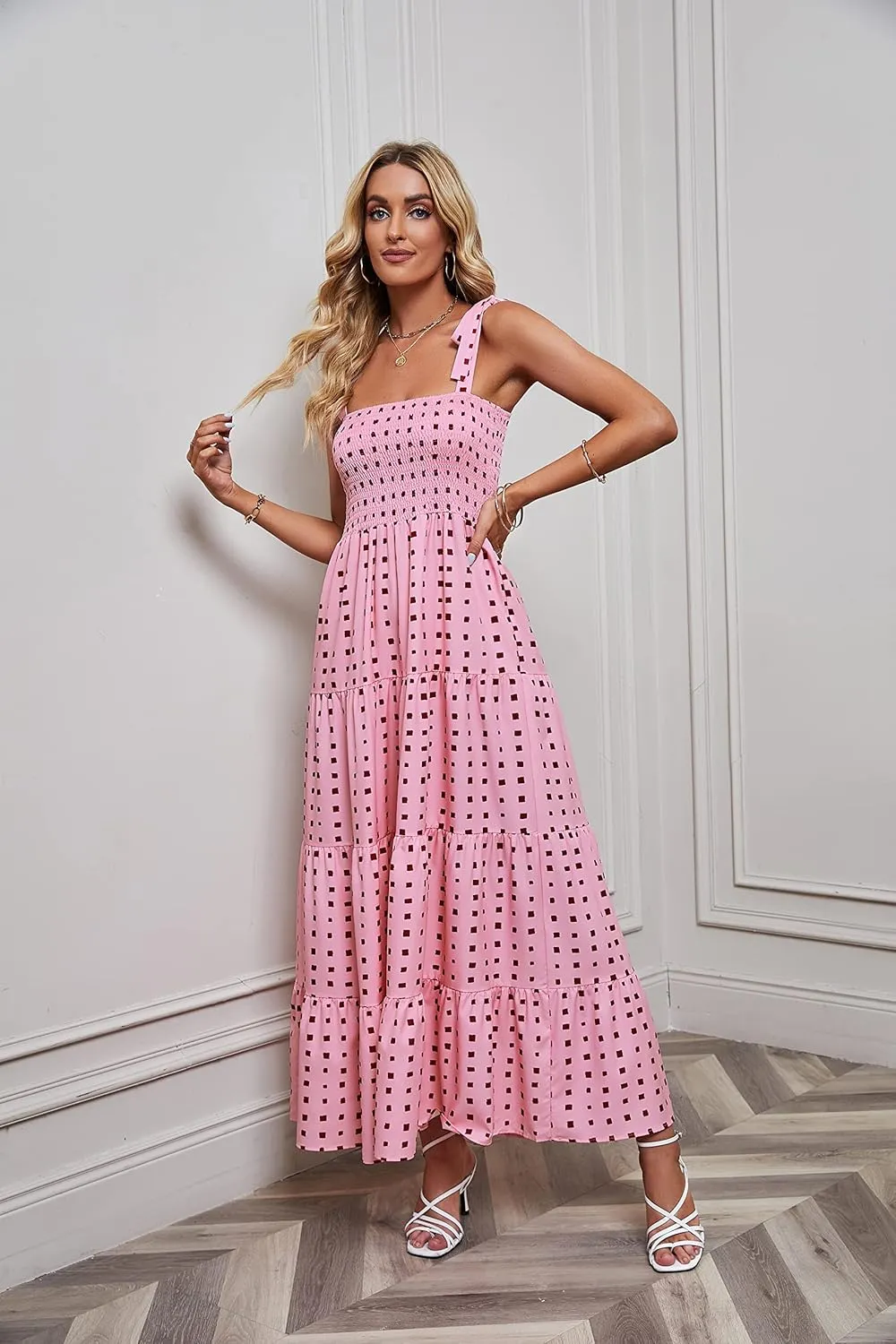 kinstell Women's Summer Boho Spaghetti Strap Square Neck Ruffle Casual Flowy Long Dress Beach Swing Party Maxi Dress