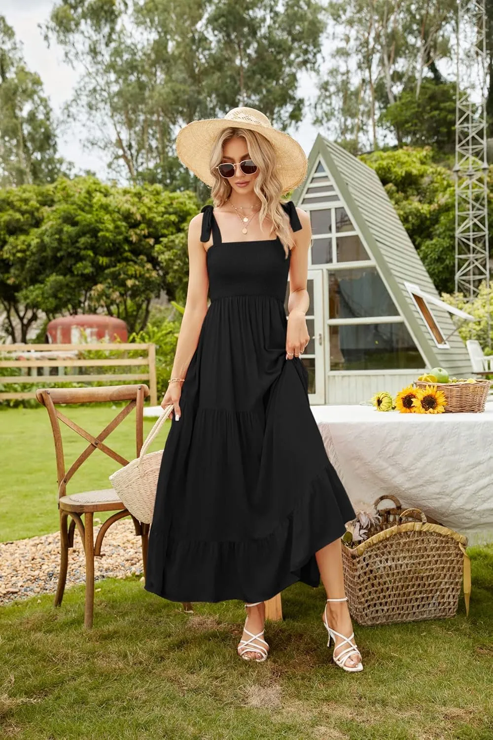 kinstell Women's Summer Boho Spaghetti Strap Square Neck Ruffle Casual Flowy Long Dress Beach Swing Party Maxi Dress