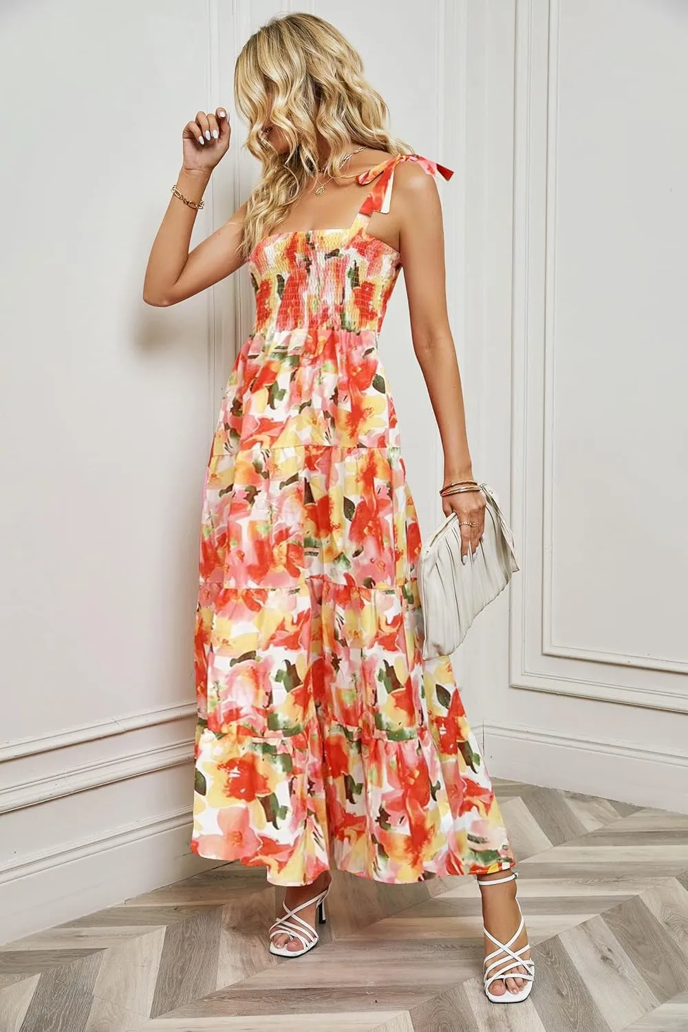 kinstell Women's Summer Boho Spaghetti Strap Square Neck Ruffle Casual Flowy Long Dress Beach Swing Party Maxi Dress