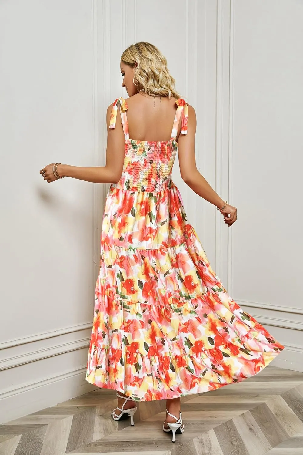 kinstell Women's Summer Boho Spaghetti Strap Square Neck Ruffle Casual Flowy Long Dress Beach Swing Party Maxi Dress