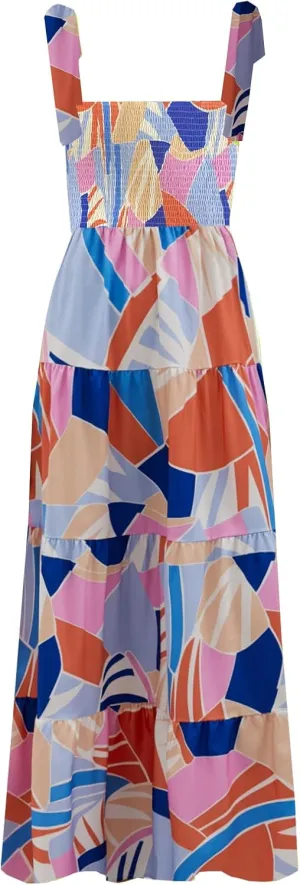 kinstell Women's Summer Boho Spaghetti Strap Square Neck Ruffle Casual Flowy Long Dress Beach Swing Party Maxi Dress