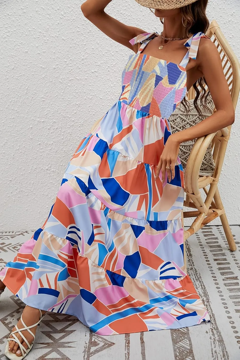 kinstell Women's Summer Boho Spaghetti Strap Square Neck Ruffle Casual Flowy Long Dress Beach Swing Party Maxi Dress