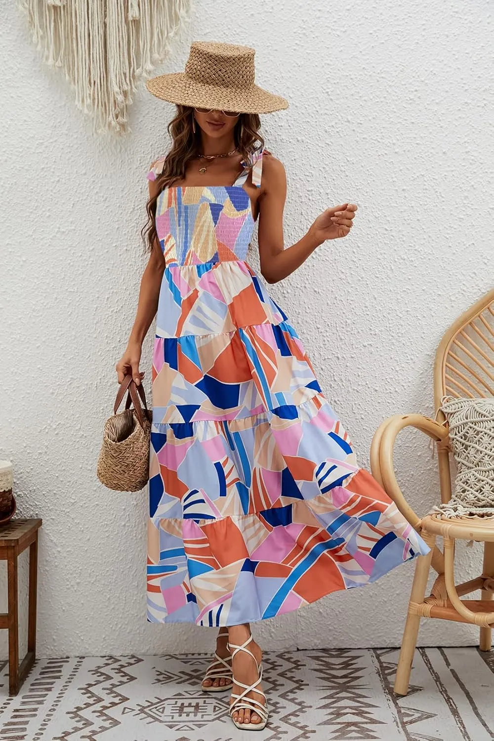 kinstell Women's Summer Boho Spaghetti Strap Square Neck Ruffle Casual Flowy Long Dress Beach Swing Party Maxi Dress