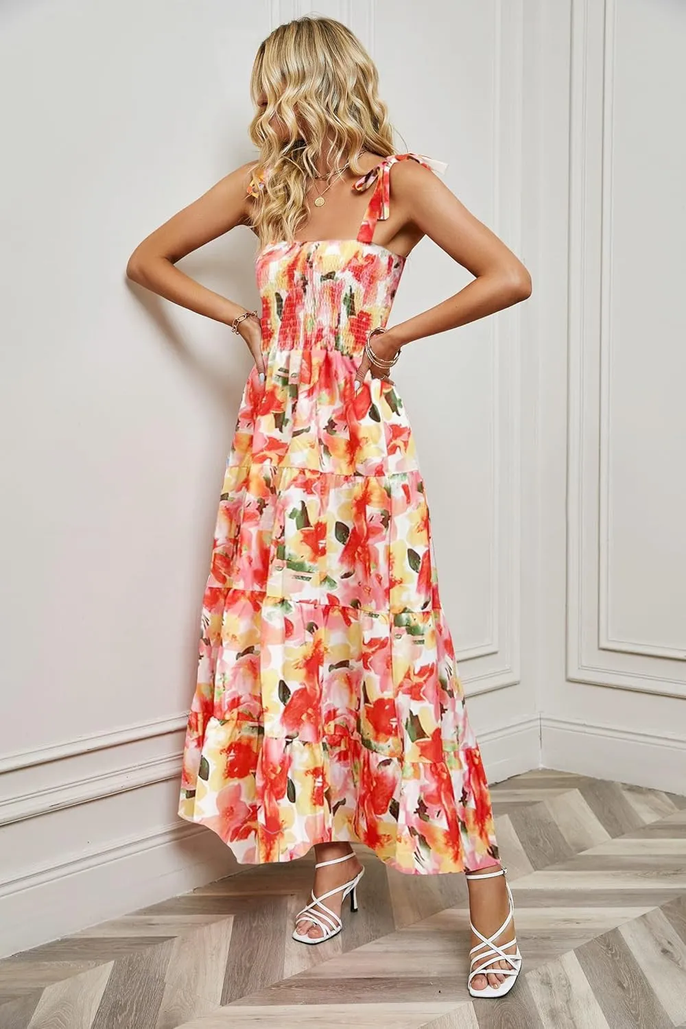 kinstell Women's Summer Boho Spaghetti Strap Square Neck Ruffle Casual Flowy Long Dress Beach Swing Party Maxi Dress