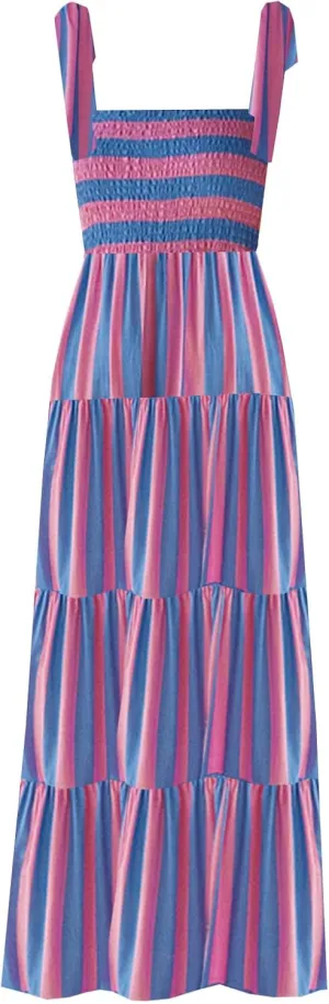 kinstell Women's Summer Boho Spaghetti Strap Square Neck Ruffle Casual Flowy Long Dress Beach Swing Party Maxi Dress
