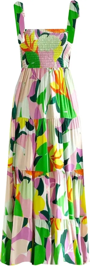 kinstell Women's Summer Boho Spaghetti Strap Square Neck Ruffle Casual Flowy Long Dress Beach Swing Party Maxi Dress