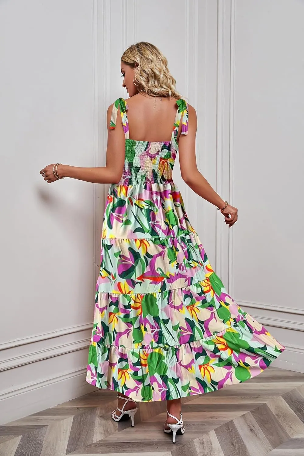 kinstell Women's Summer Boho Spaghetti Strap Square Neck Ruffle Casual Flowy Long Dress Beach Swing Party Maxi Dress