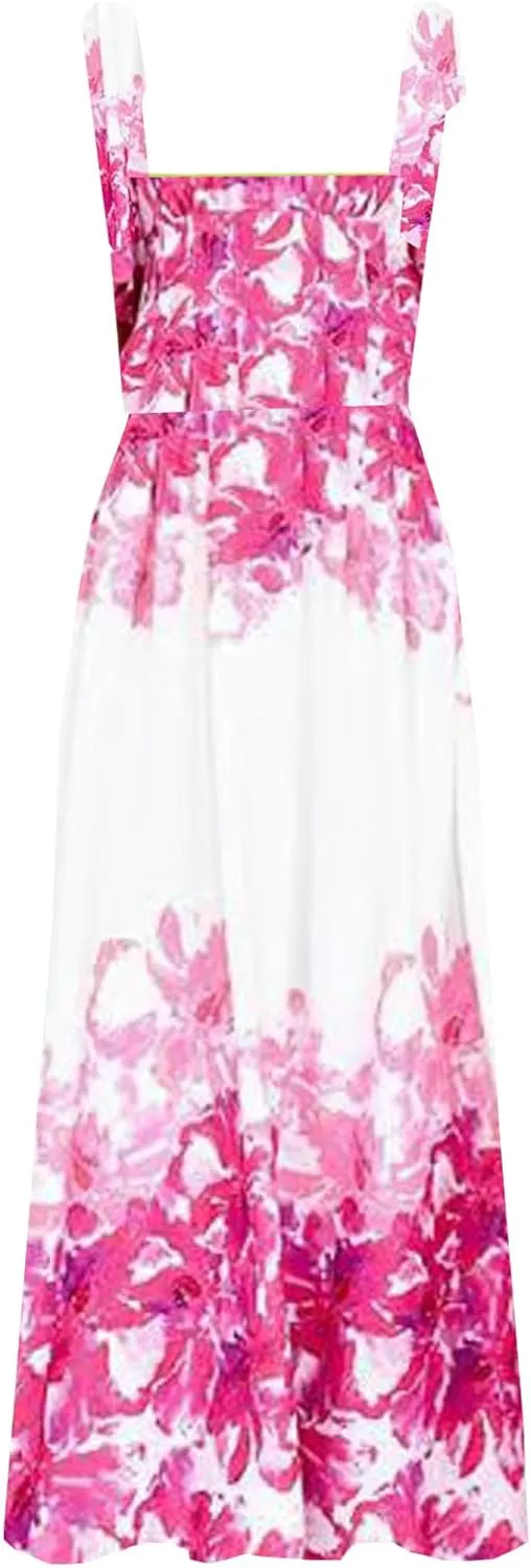 kinstell Women's Summer Boho Spaghetti Strap Square Neck Ruffle Casual Flowy Long Dress Beach Swing Party Maxi Dress