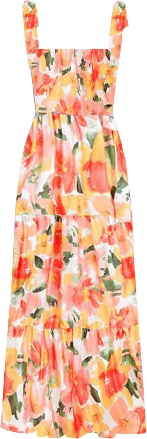 kinstell Women's Summer Boho Spaghetti Strap Square Neck Ruffle Casual Flowy Long Dress Beach Swing Party Maxi Dress