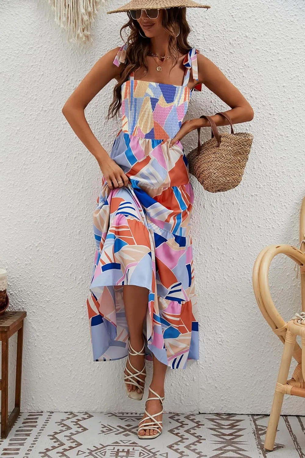 kinstell Women's Summer Boho Spaghetti Strap Square Neck Ruffle Casual Flowy Long Dress Beach Swing Party Maxi Dress