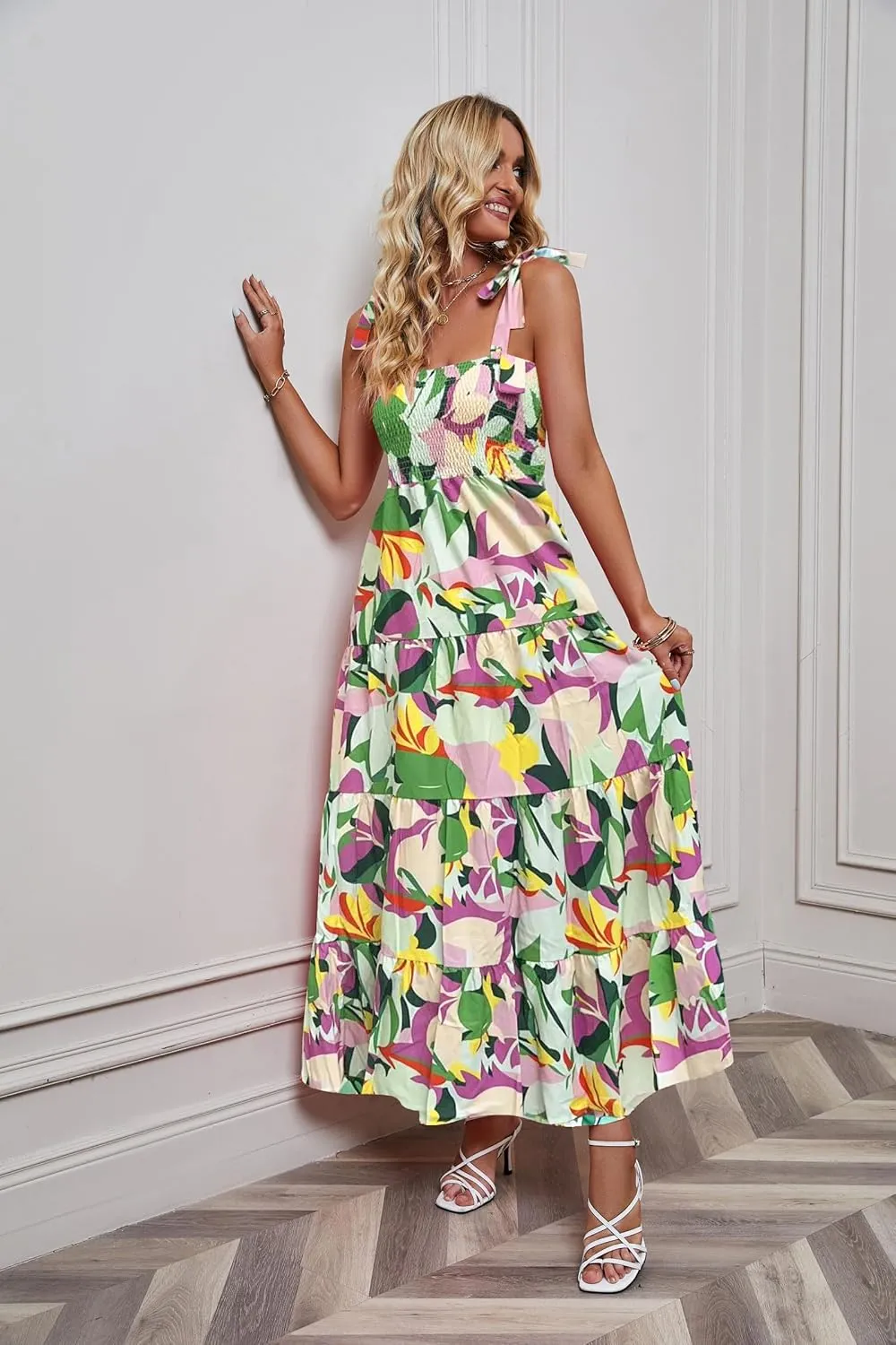 kinstell Women's Summer Boho Spaghetti Strap Square Neck Ruffle Casual Flowy Long Dress Beach Swing Party Maxi Dress
