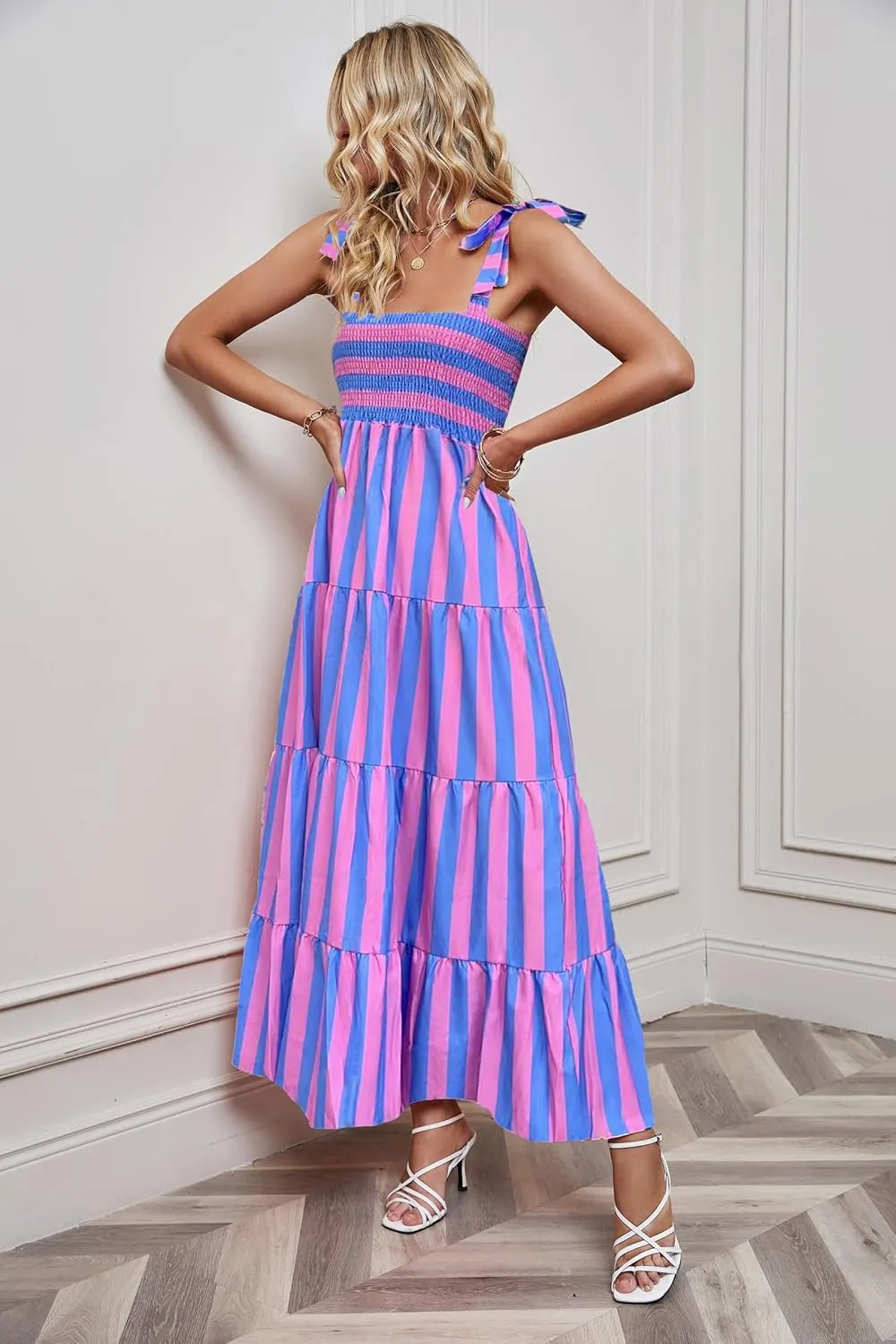 kinstell Women's Summer Boho Spaghetti Strap Square Neck Ruffle Casual Flowy Long Dress Beach Swing Party Maxi Dress