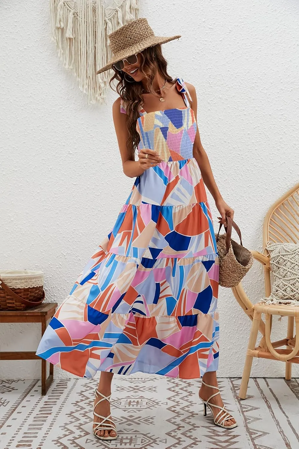 kinstell Women's Summer Boho Spaghetti Strap Square Neck Ruffle Casual Flowy Long Dress Beach Swing Party Maxi Dress