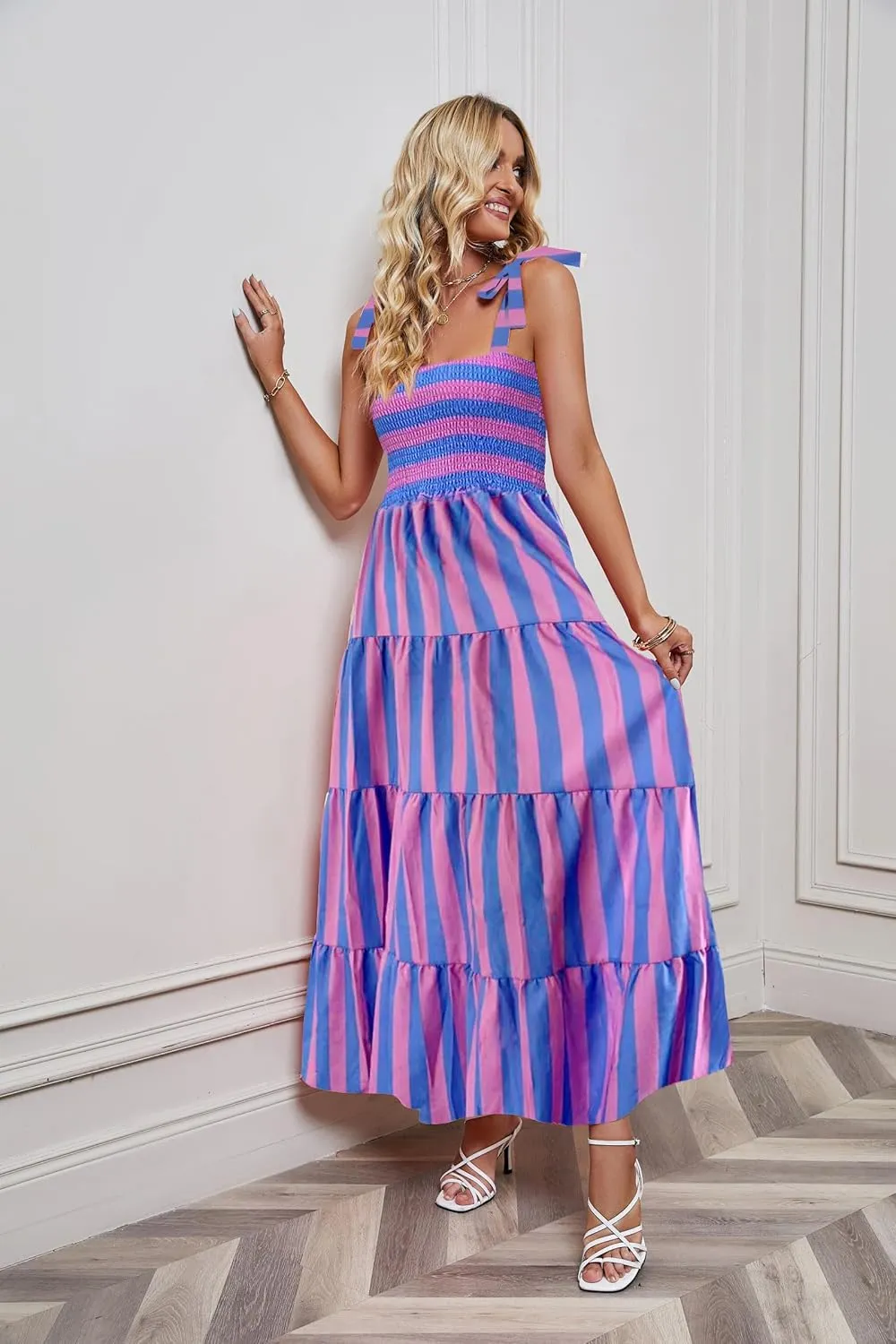 kinstell Women's Summer Boho Spaghetti Strap Square Neck Ruffle Casual Flowy Long Dress Beach Swing Party Maxi Dress