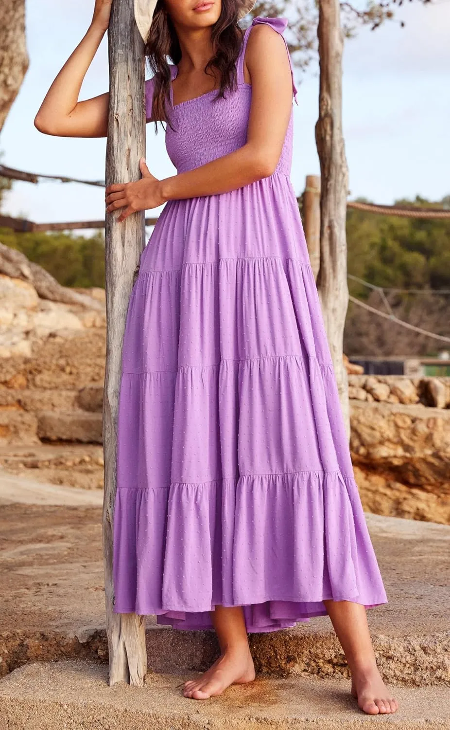 kinstell Women's Summer Boho Spaghetti Strap Square Neck Ruffle Casual Flowy Long Dress Beach Swing Party Maxi Dress