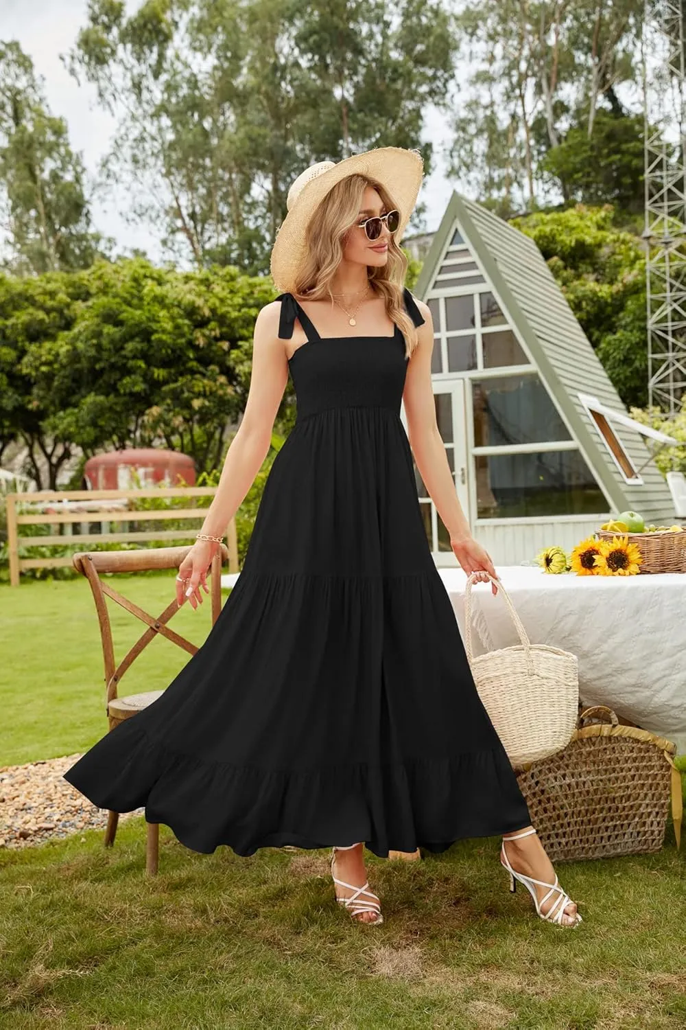 kinstell Women's Summer Boho Spaghetti Strap Square Neck Ruffle Casual Flowy Long Dress Beach Swing Party Maxi Dress