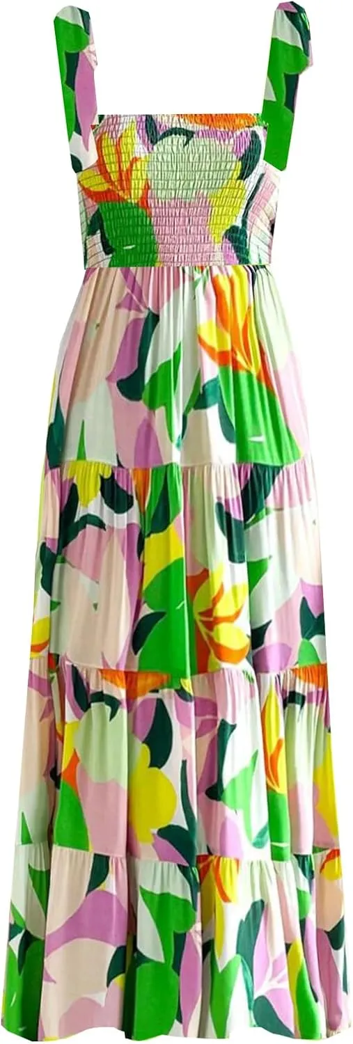 kinstell Women's Summer Boho Spaghetti Strap Square Neck Ruffle Casual Flowy Long Dress Beach Swing Party Maxi Dress
