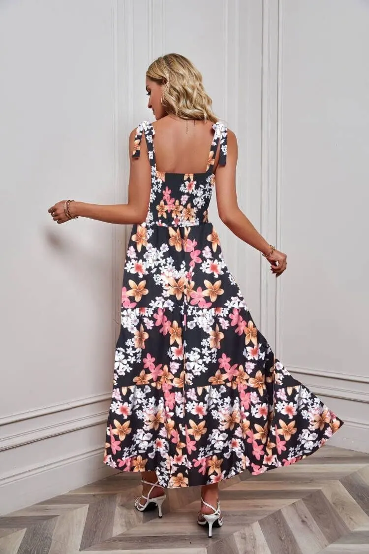 kinstell Women's Summer Boho Spaghetti Strap Square Neck Ruffle Casual Flowy Long Dress Beach Swing Party Maxi Dress