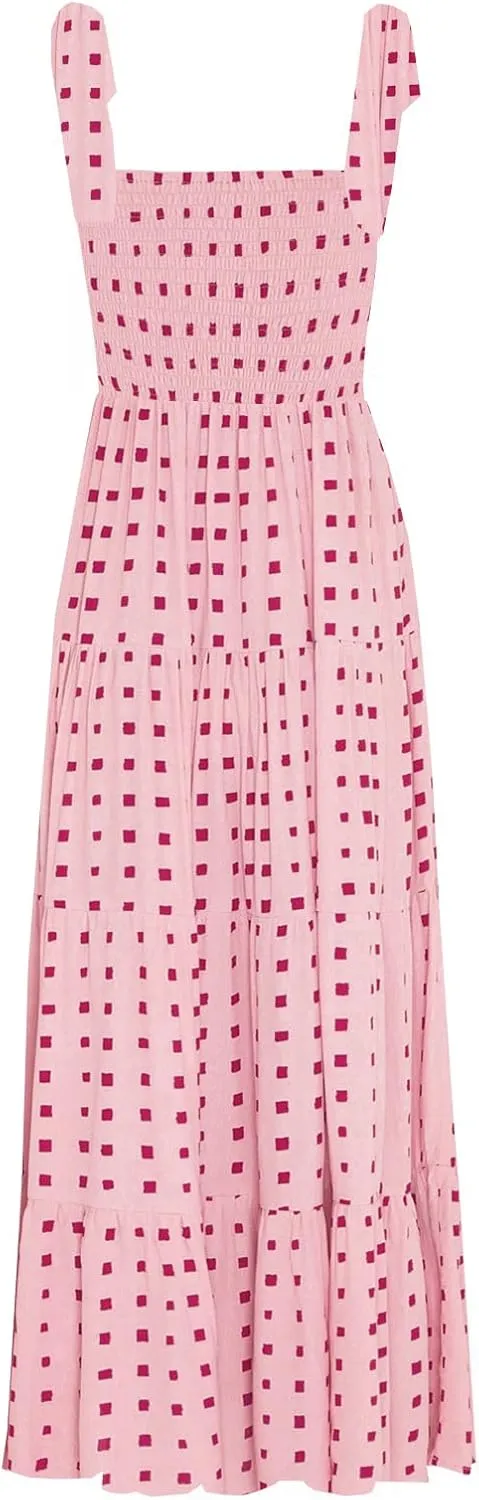 kinstell Women's Summer Boho Spaghetti Strap Square Neck Ruffle Casual Flowy Long Dress Beach Swing Party Maxi Dress
