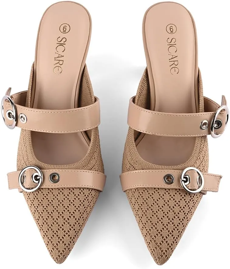 Kitten Heels Pumps for Women Closed Pointed Toe Knit Heeled Sandals Two Buckle Strap Slip-on Mule Sandal Dress Shoes Comfortable