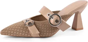 Kitten Heels Pumps for Women Closed Pointed Toe Knit Heeled Sandals Two Buckle Strap Slip-on Mule Sandal Dress Shoes Comfortable