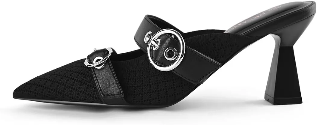 Kitten Heels Pumps for Women Closed Pointed Toe Knit Heeled Sandals Two Buckle Strap Slip-on Mule Sandal Dress Shoes Comfortable