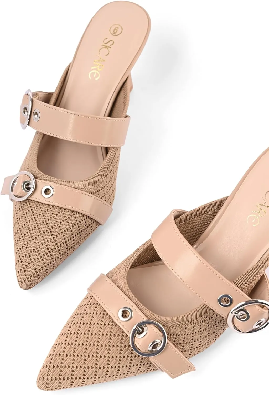 Kitten Heels Pumps for Women Closed Pointed Toe Knit Heeled Sandals Two Buckle Strap Slip-on Mule Sandal Dress Shoes Comfortable