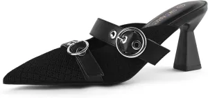 Kitten Heels Pumps for Women Closed Pointed Toe Knit Heeled Sandals Two Buckle Strap Slip-on Mule Sandal Dress Shoes Comfortable