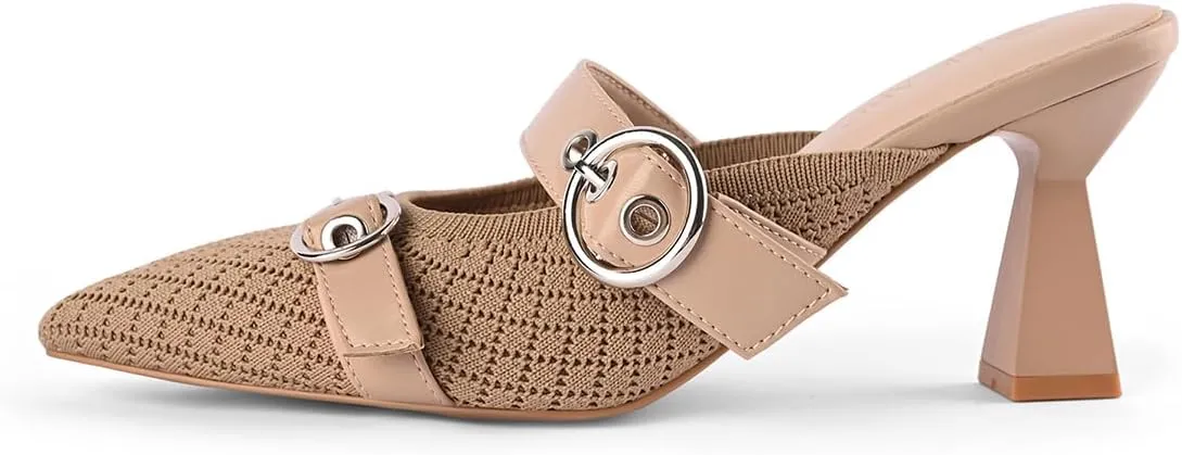 Kitten Heels Pumps for Women Closed Pointed Toe Knit Heeled Sandals Two Buckle Strap Slip-on Mule Sandal Dress Shoes Comfortable
