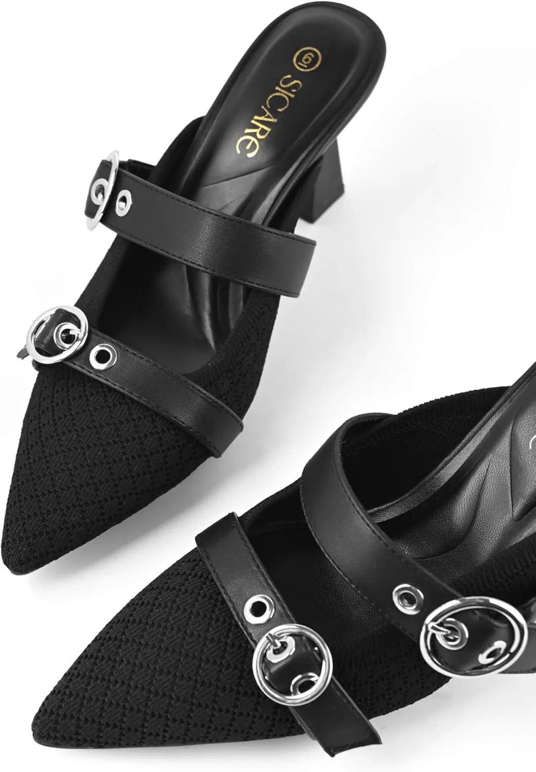 Kitten Heels Pumps for Women Closed Pointed Toe Knit Heeled Sandals Two Buckle Strap Slip-on Mule Sandal Dress Shoes Comfortable
