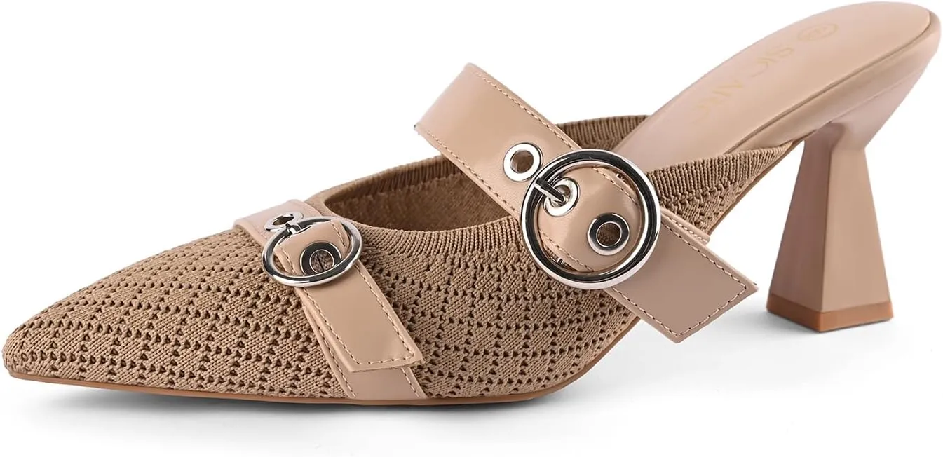 Kitten Heels Pumps for Women Closed Pointed Toe Knit Heeled Sandals Two Buckle Strap Slip-on Mule Sandal Dress Shoes Comfortable