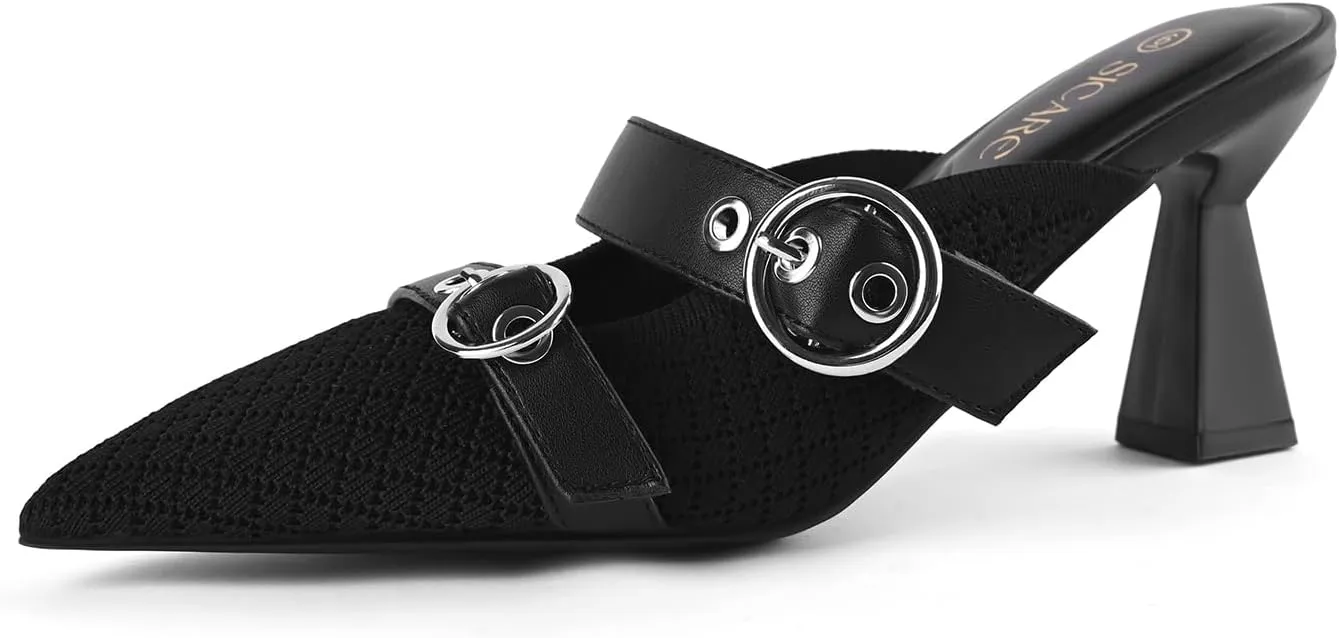 Kitten Heels Pumps for Women Closed Pointed Toe Knit Heeled Sandals Two Buckle Strap Slip-on Mule Sandal Dress Shoes Comfortable