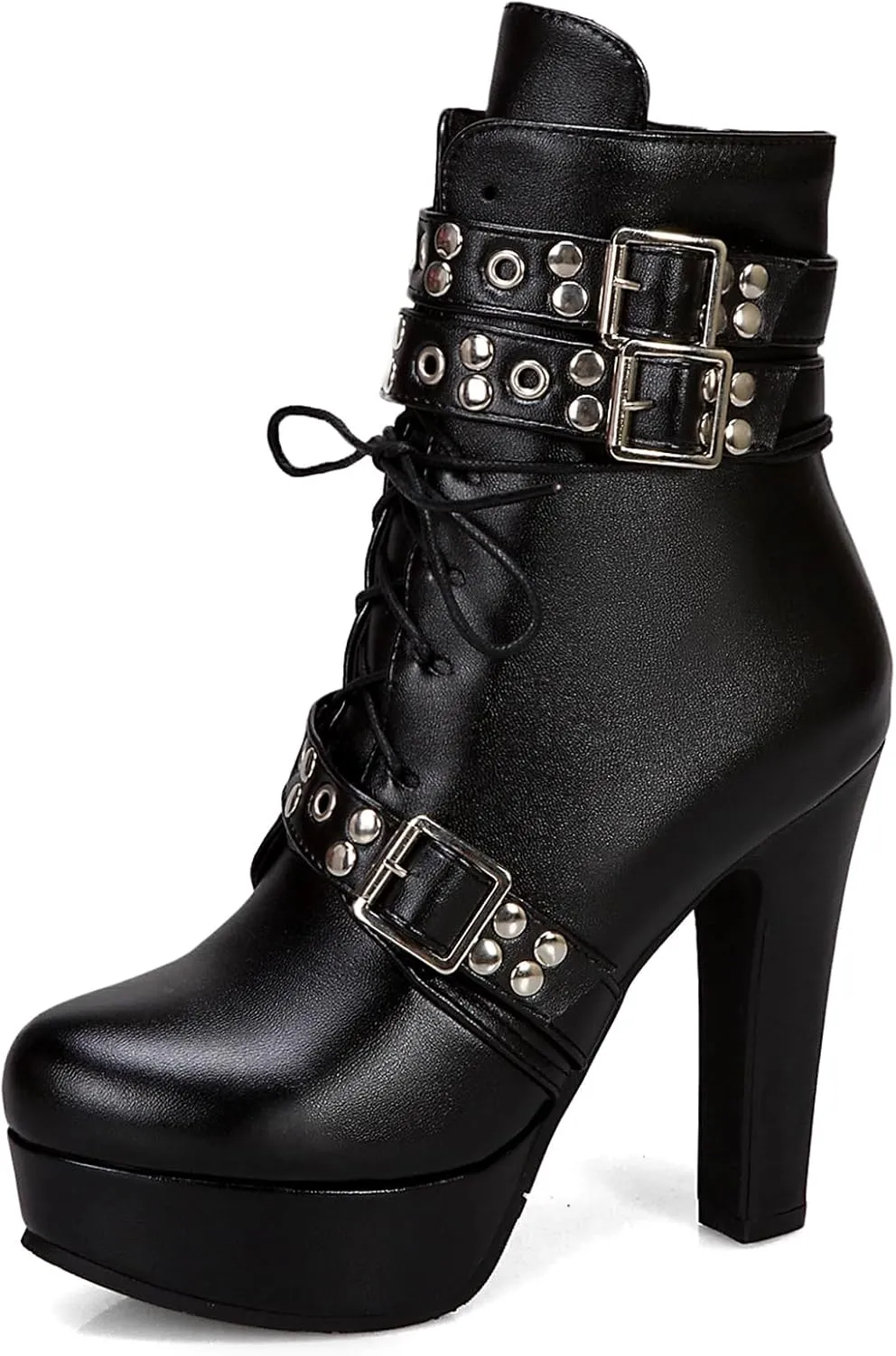 KiutSymo Gothic Ankle Boots For Women Studded Buckle Straps Chunky High Heels Platform Boots Lace Up Punk Combat Boots
