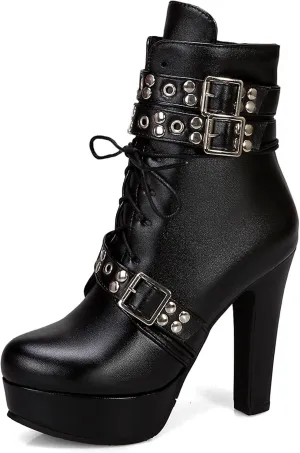 KiutSymo Gothic Ankle Boots For Women Studded Buckle Straps Chunky High Heels Platform Boots Lace Up Punk Combat Boots