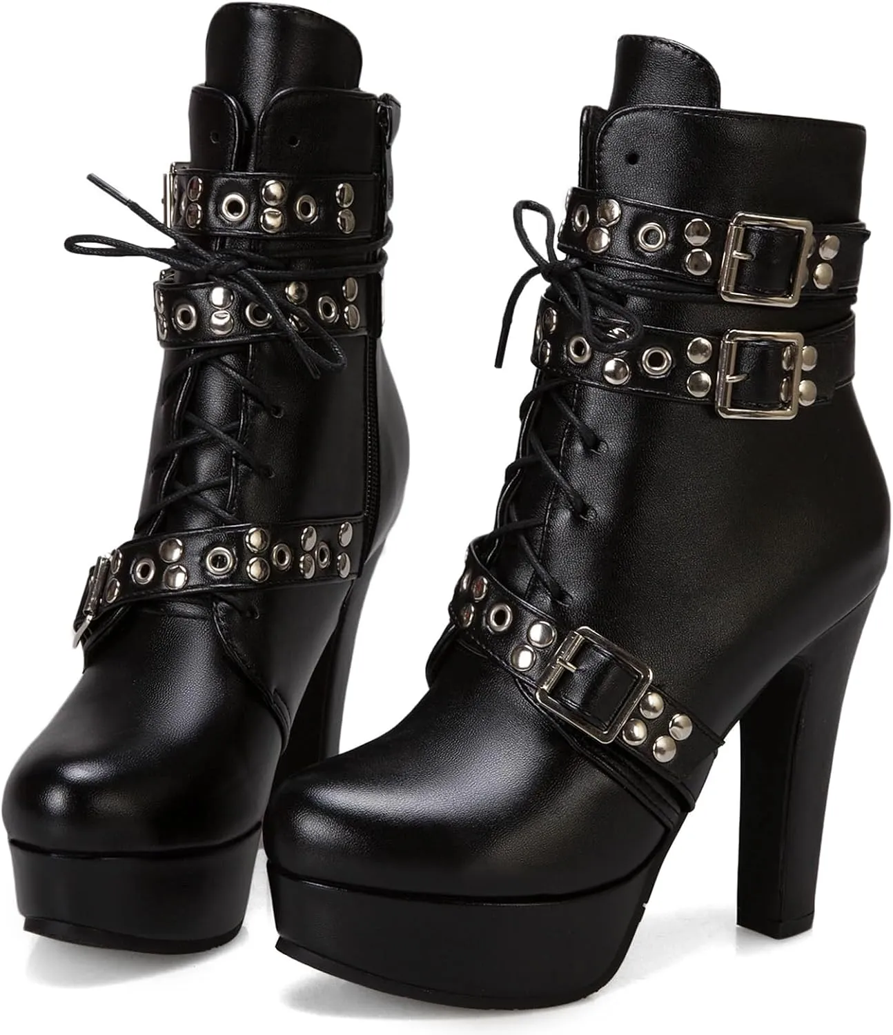KiutSymo Gothic Ankle Boots For Women Studded Buckle Straps Chunky High Heels Platform Boots Lace Up Punk Combat Boots