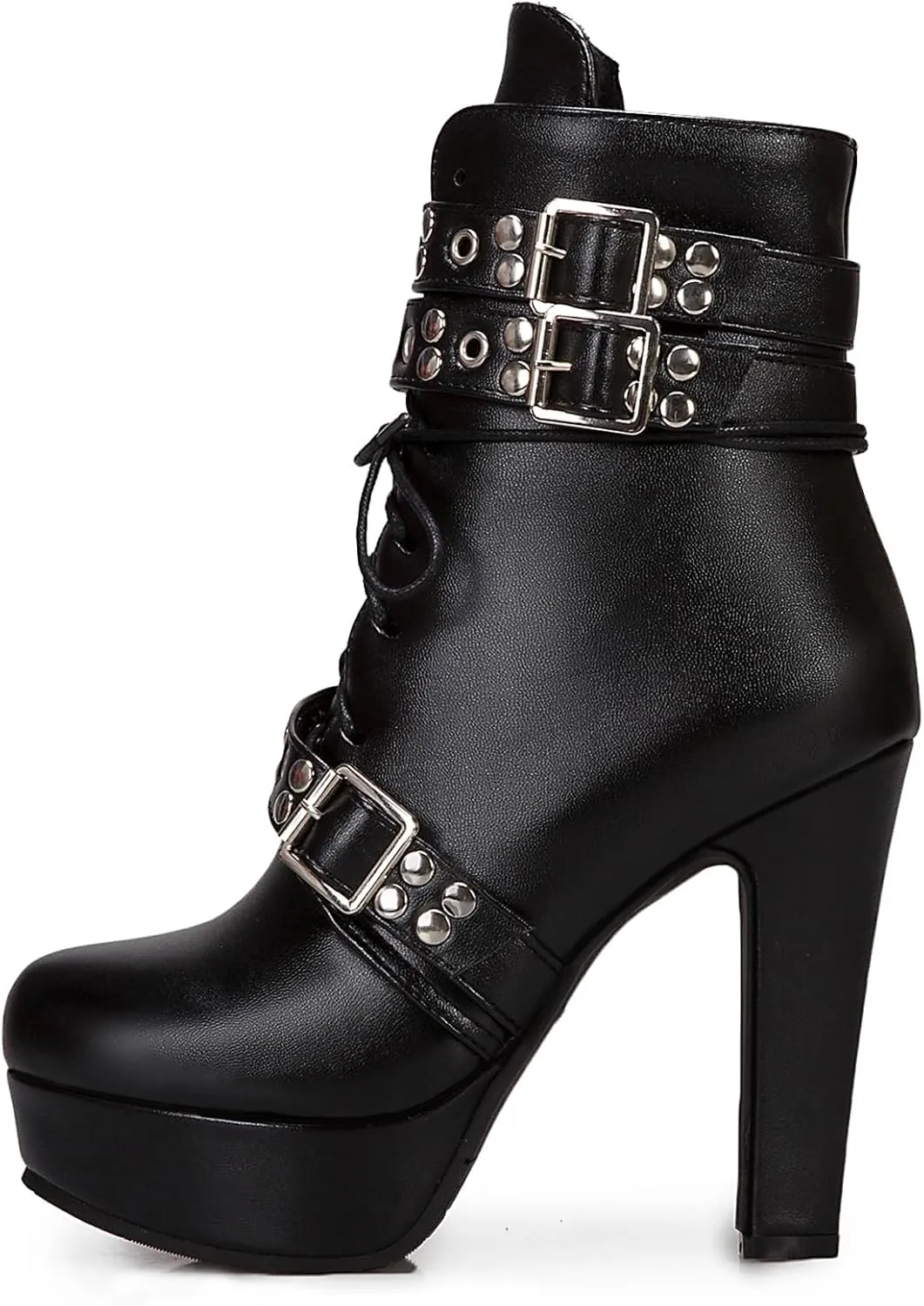 KiutSymo Gothic Ankle Boots For Women Studded Buckle Straps Chunky High Heels Platform Boots Lace Up Punk Combat Boots