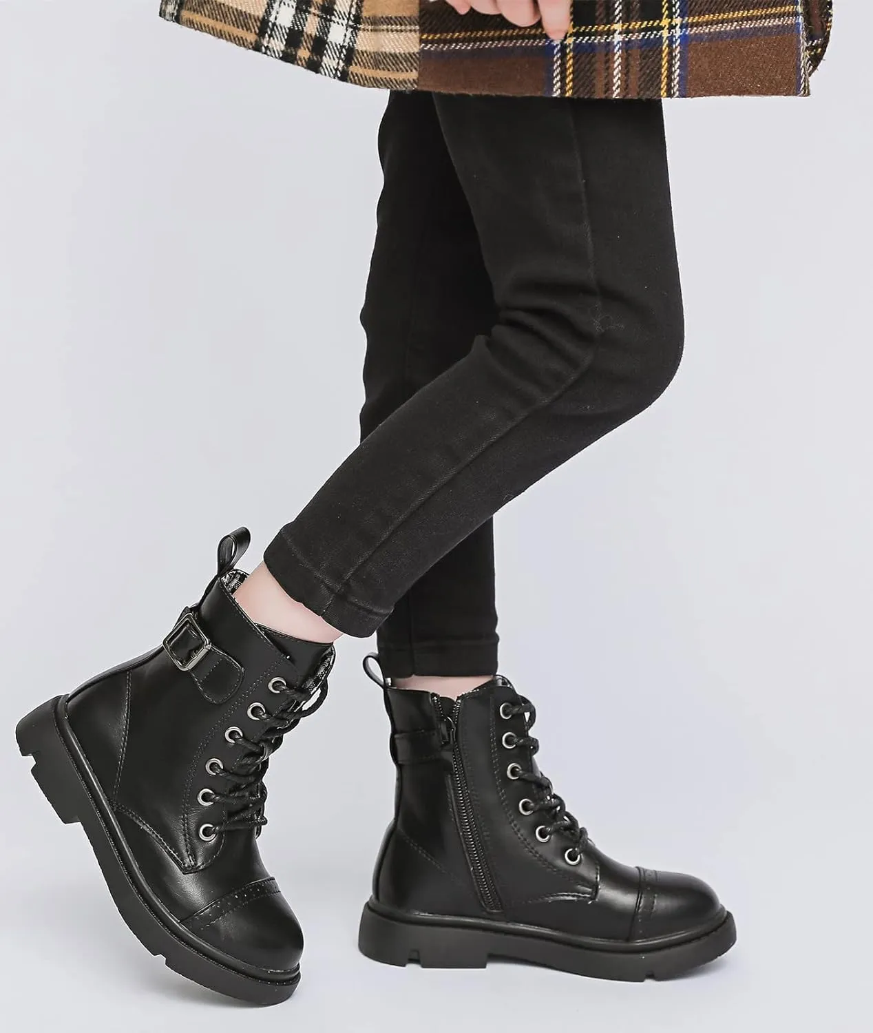 kkdom Boys Girls Waterproof Outdoor Glitter Lace Up Side Zipper Mid Calf Combat Boots(Toddler/Little Kid/Big Kid)
