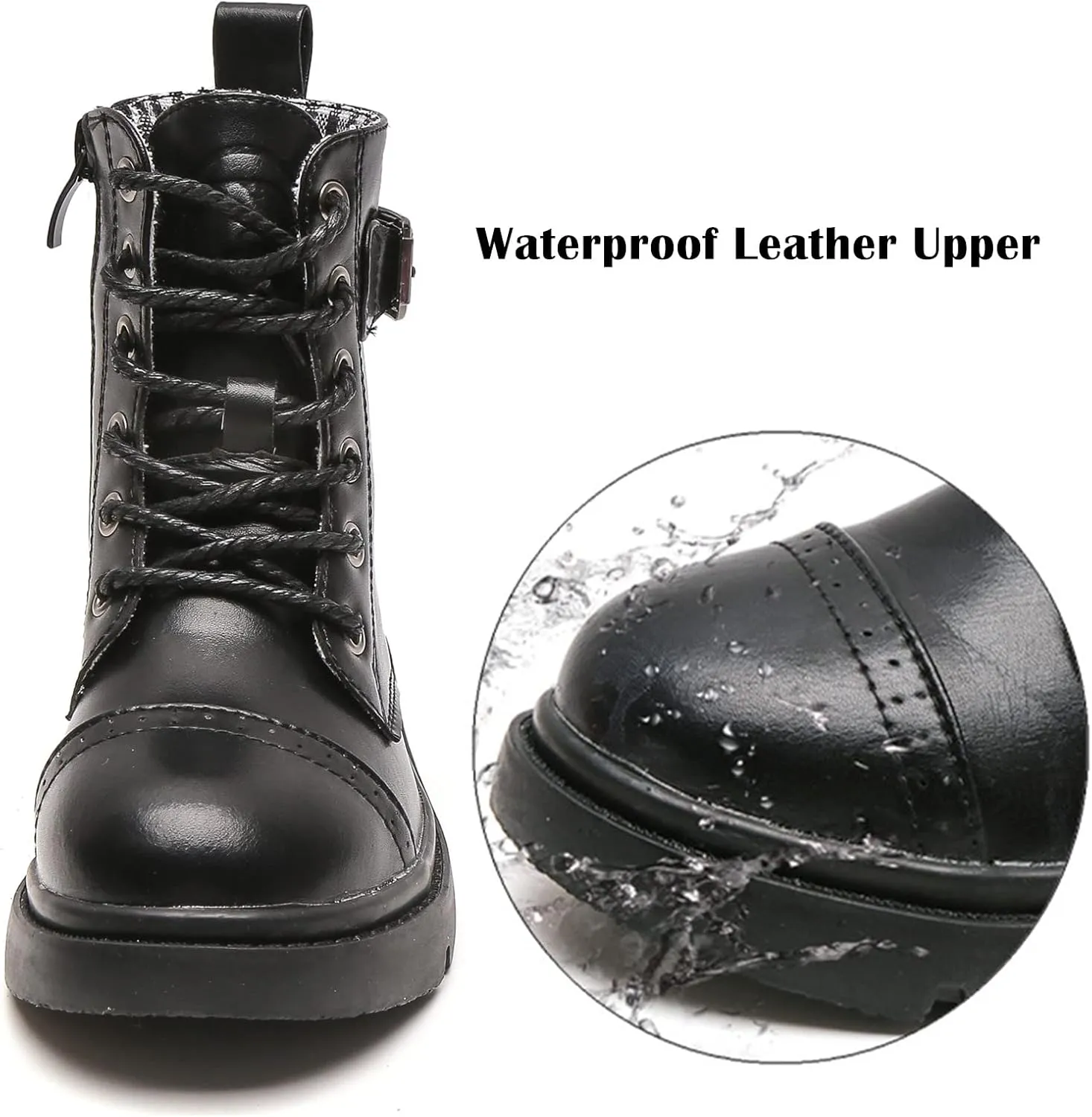 kkdom Boys Girls Waterproof Outdoor Glitter Lace Up Side Zipper Mid Calf Combat Boots(Toddler/Little Kid/Big Kid)
