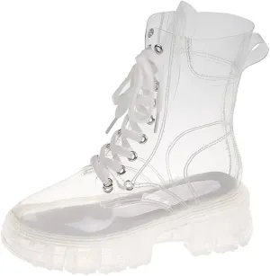 Kluolandi Women's Transparent Boots Lace Up Platform Combat Ankle Boots Waterproof Clear Booties Shoes