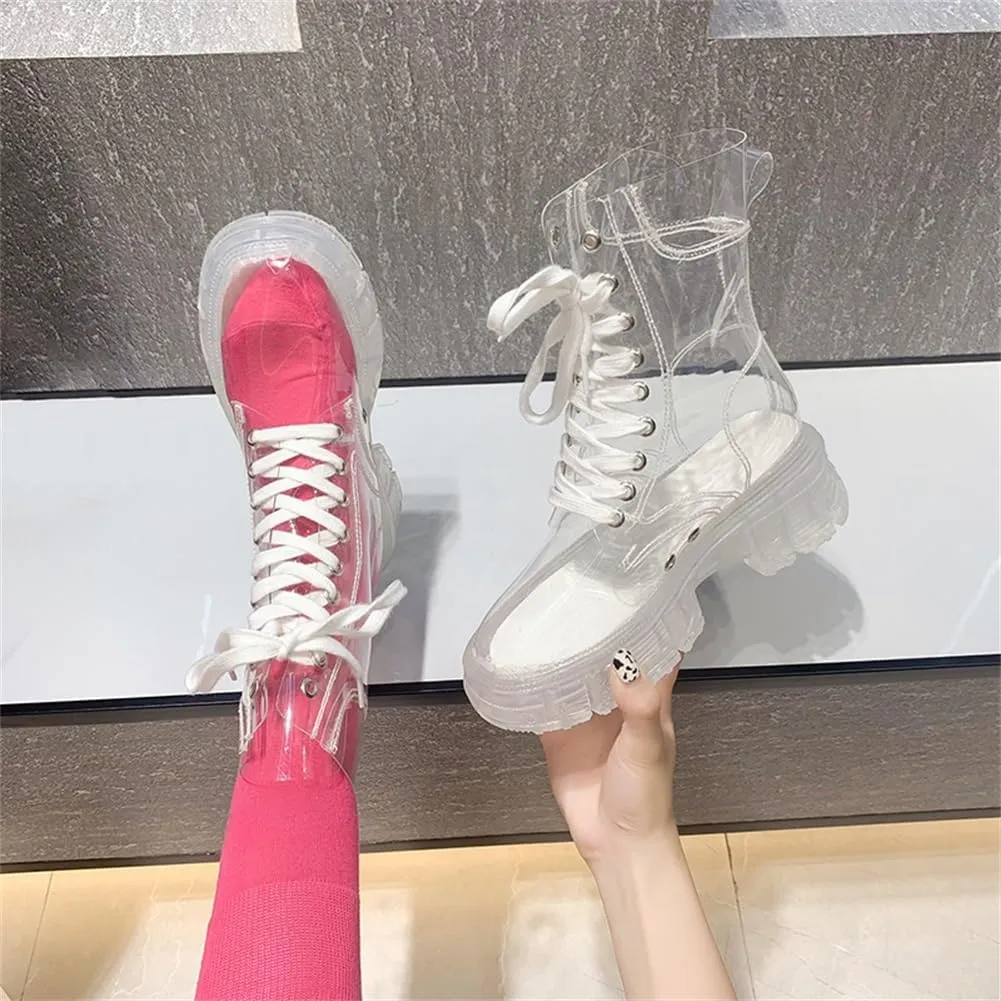 Kluolandi Women's Transparent Boots Lace Up Platform Combat Ankle Boots Waterproof Clear Booties Shoes