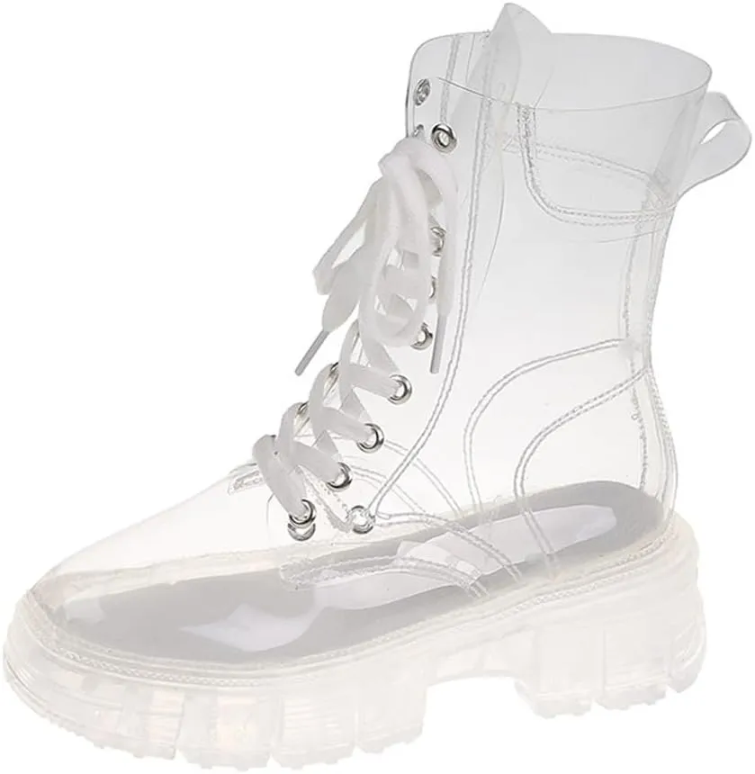 Kluolandi Women's Transparent Boots Lace Up Platform Combat Ankle Boots Waterproof Clear Booties Shoes