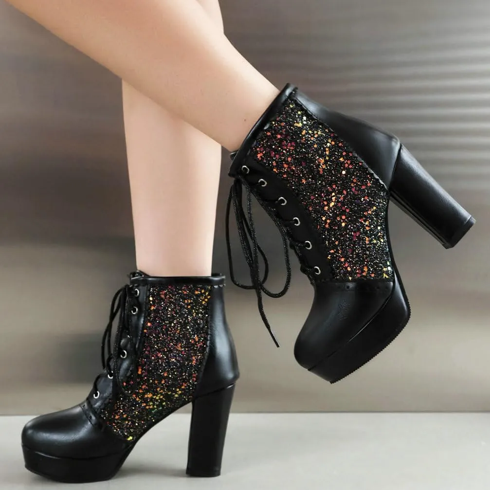 KOKOMOMO Sparkly Platform Ankle Boots Short Sequin Glitter Combat Boots Chunky Heeled Lace Up Booties