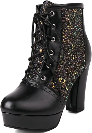 KOKOMOMO Sparkly Platform Ankle Boots Short Sequin Glitter Combat Boots Chunky Heeled Lace Up Booties