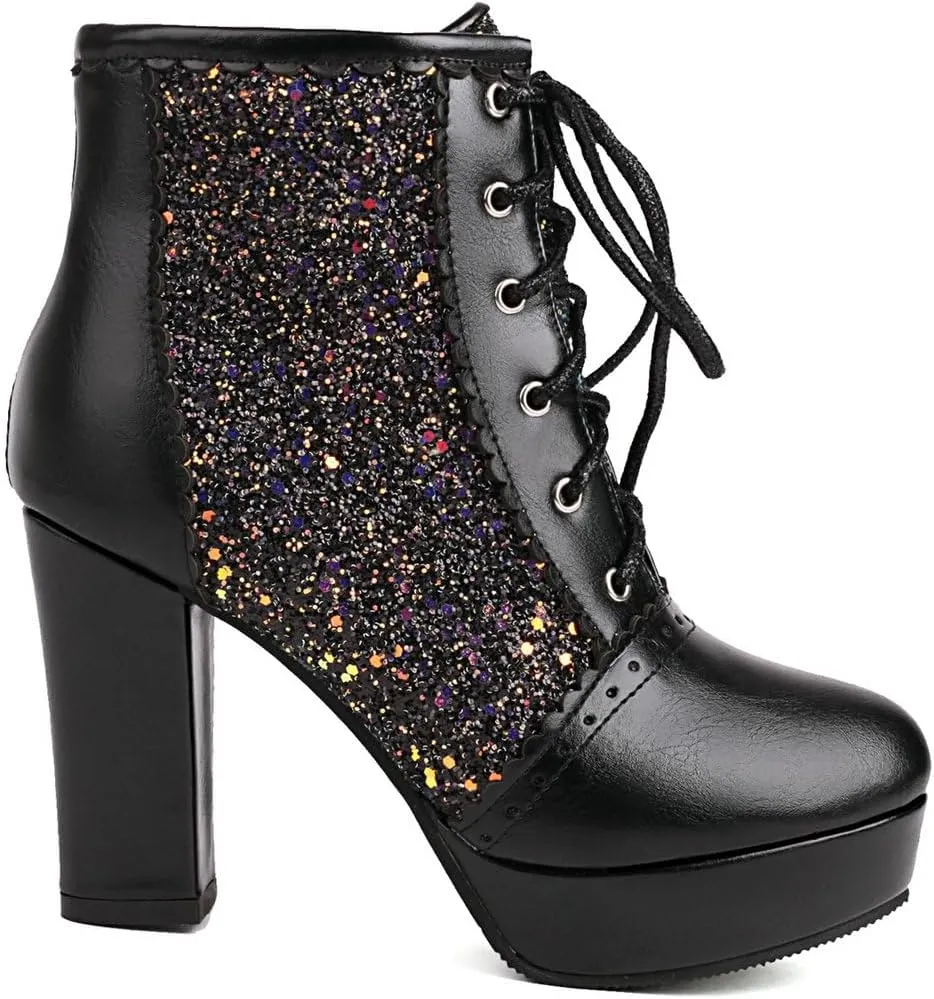 KOKOMOMO Sparkly Platform Ankle Boots Short Sequin Glitter Combat Boots Chunky Heeled Lace Up Booties
