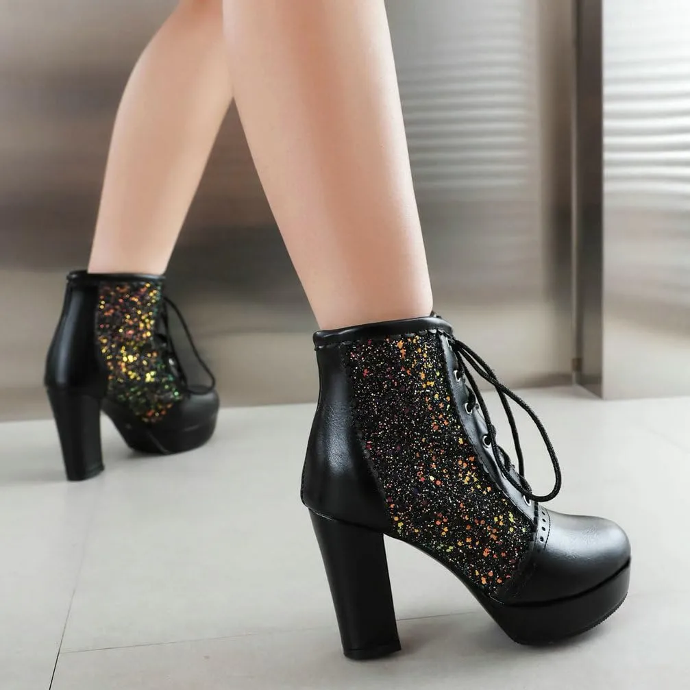 KOKOMOMO Sparkly Platform Ankle Boots Short Sequin Glitter Combat Boots Chunky Heeled Lace Up Booties