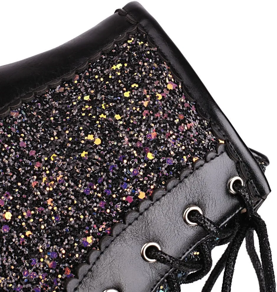 KOKOMOMO Sparkly Platform Ankle Boots Short Sequin Glitter Combat Boots Chunky Heeled Lace Up Booties