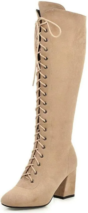 KOKOMOMO Womens Square Toe Chunky Heels Knee High Boots Lace Up High Heeled Combat Boots with Zip