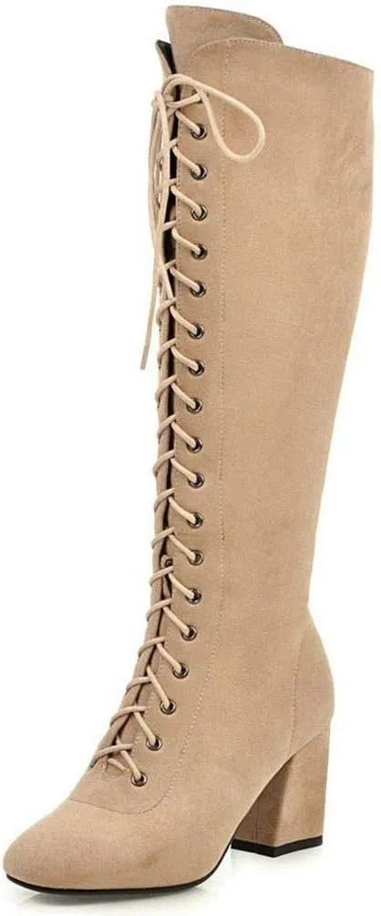 KOKOMOMO Womens Square Toe Chunky Heels Knee High Boots Lace Up High Heeled Combat Boots with Zip