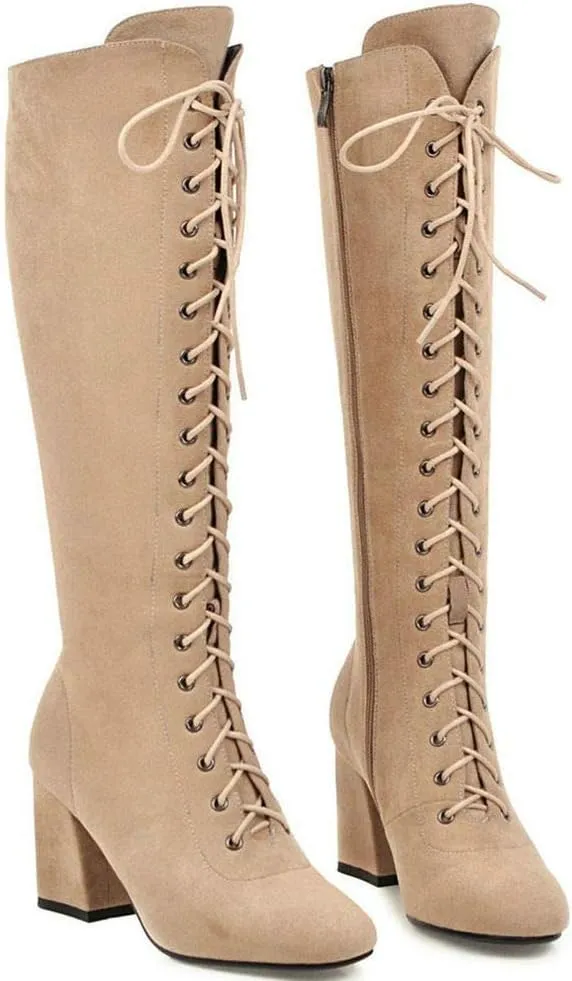 KOKOMOMO Womens Square Toe Chunky Heels Knee High Boots Lace Up High Heeled Combat Boots with Zip
