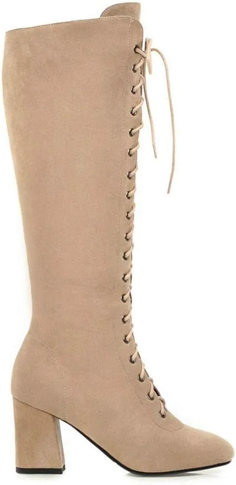 KOKOMOMO Womens Square Toe Chunky Heels Knee High Boots Lace Up High Heeled Combat Boots with Zip